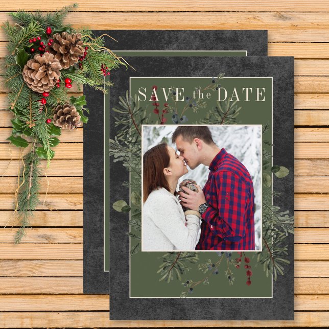 Rustic Winter Berries & Pine Black Save The Date (Rustic Winter Berries & Pine Black Wedding Save the Date Card)