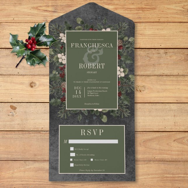 Rustic Winter Berries & Pine Black Two Dinner All In One Invitation (Rustic Winter Berries & Pine Black Two Dinner All In One Invitation)
