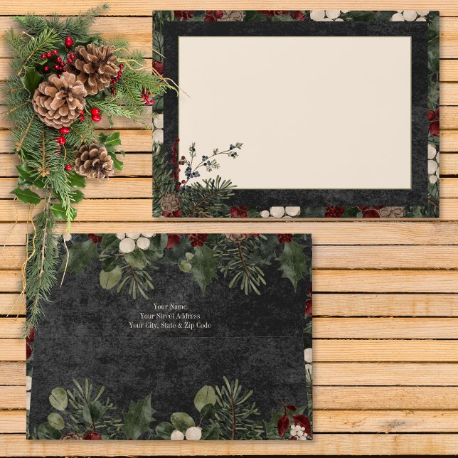 Rustic Winter Berries & Pine Black Wedding Envelope (Rustic Winter Berries & Pine Black Wedding Invitation Envelope)
