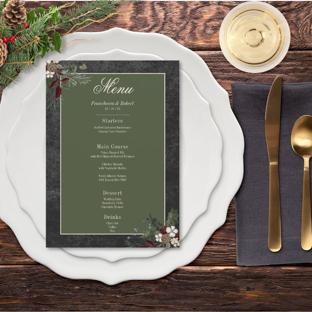 Rustic Winter Berries & Pine Black Wedding Menu (Rustic Winter Berries & Pine Black Wedding Menu)