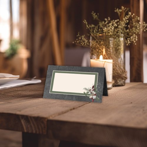 Rustic Winter Berries  Pine Black Wedding Place Card