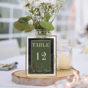 Rustic Winter Berries & Pine Black Wedding Table Number