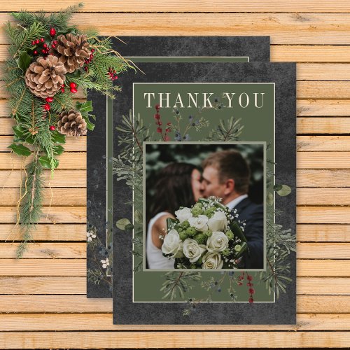 Rustic Winter Berries  Pine Black Wedding Thank You Card
