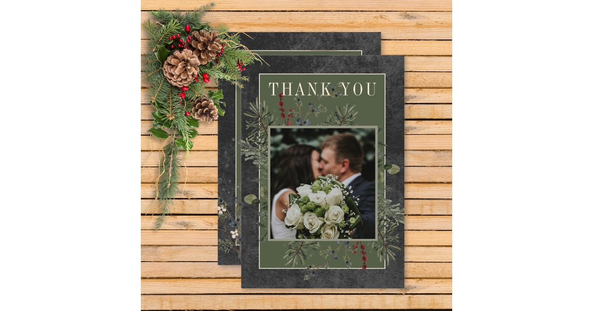 Rustic Winter Berries & Pine Black Wedding Thank You Card | Zazzle
