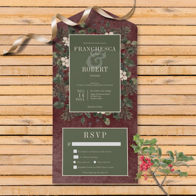 Rustic Winter Berries & Pine Burgundy Dinner All In One Invitation (Also available with a QR code or without dinner selection options.)