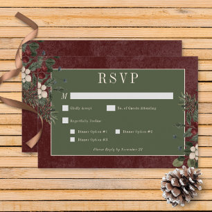 Rustic Winter Berries & Pine Burgundy Dinner RSVP Card