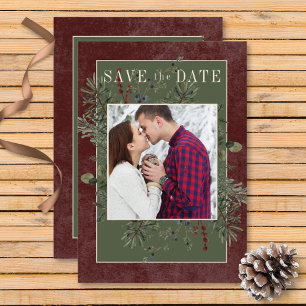 Rustic Winter Berries & Pine Burgundy Save The Date
