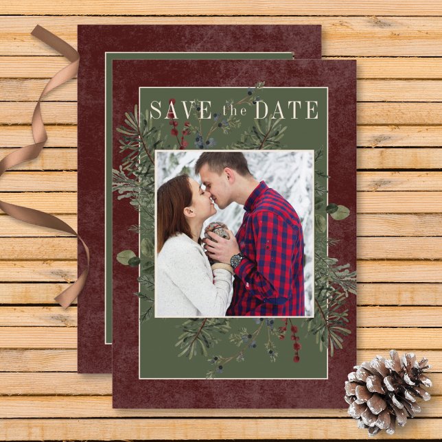 Rustic Winter Berries & Pine Burgundy Save The Date (Rustic Winter Berries & Pine Burgundy Wedding Save the Date Card)