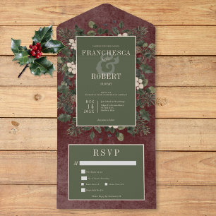 Rustic Winter Berries & Pine Burgundy Two Dinner All In One Invitation