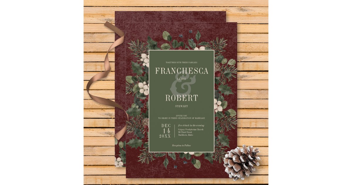 Rustic Winter Berries & Pine Burgundy Wedding Invitation | Zazzle