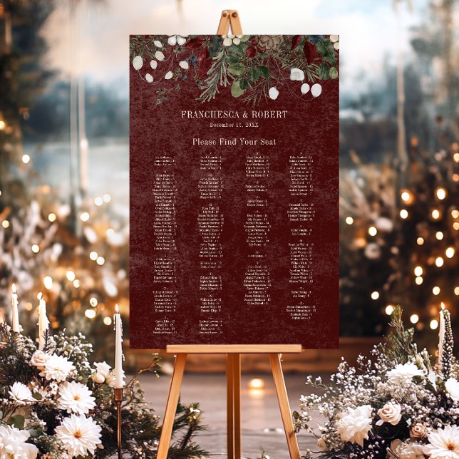 Rustic Winter Berries & Pine Burgundy Wedding Seat Foam Board (Rustic Winter Berries & Pine Burgundy Wedding Alphabetical Seating Sign)
