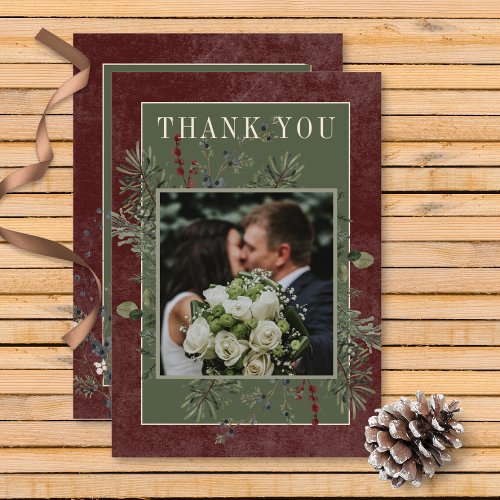 Rustic Winter Berries  Pine Burgundy Wedding Thank You Card