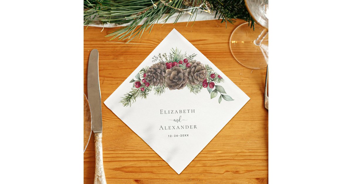 Rustic Winter Berries Pine Cone Christmas Wedding Napkins | Zazzle