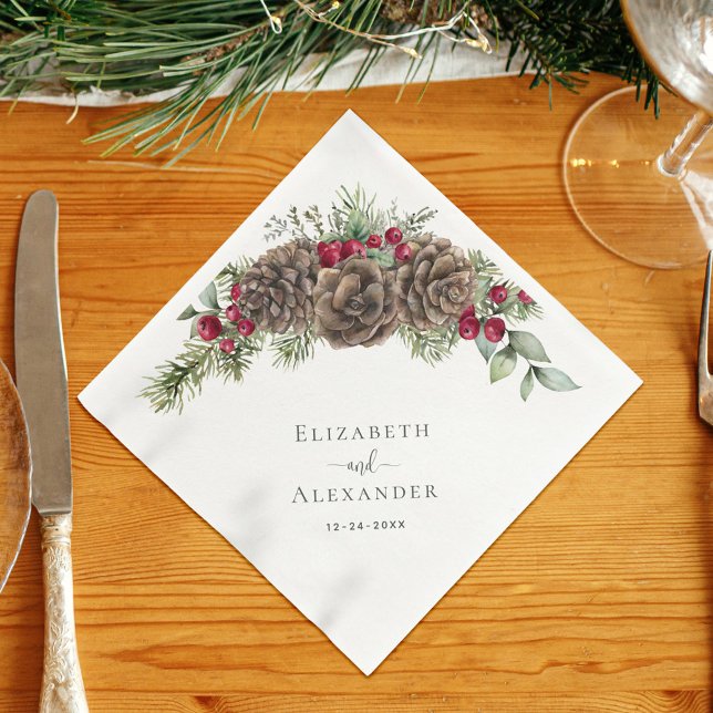 Rustic Winter Berries Pine Cone Christmas Wedding Napkins (Creator Uploaded)