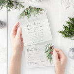 Rustic Winter Berries Pine Cone Greenery All In One Invitation<br><div class="desc">Beautiful all-in-one wedding invitations featuring hand-painted botanical watercolor illustrations of winter greenery,  pine and spruce branches,  cones and holly berries. Perfect choice for winter or Christmas holiday themed weddings.</div>