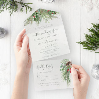Rustic Winter Berries Pine Cone Greenery All In One Invitation