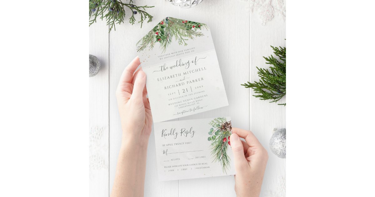 Rustic Winter Berries Pine Cone Greenery All In One Invitation | Zazzle