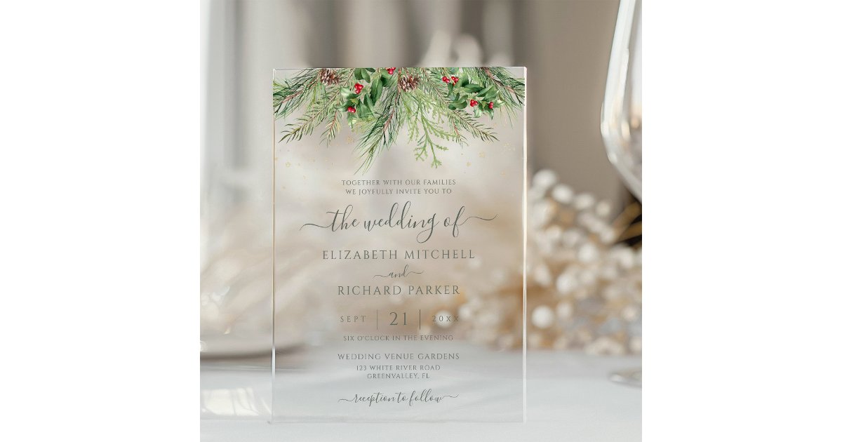 Rustic Winter Berries Pine Cone Greenery Wedding Acrylic Invitations ...
