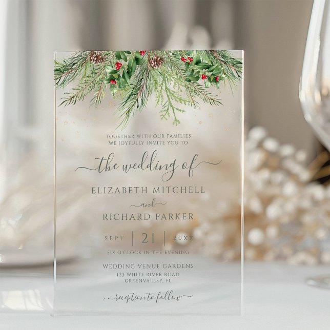 Rustic Winter Berries Pine Cone Greenery Wedding Acrylic Invitations (Creator Uploaded)