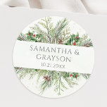 Rustic Winter Berries Pine Cone Greenery Wedding Classic Round Sticker<br><div class="desc">Beautiful envelope seal stickers featuring hand-painted botanical watercolor illustrations of winter greenery,  pine and spruce branches,  cones and holly berries. Perfect choice for winter or Christmas holiday themed weddings.</div>