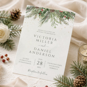 Rustic Winter Berries Pine Cone Greenery Wedding Invitation