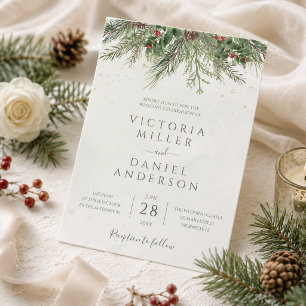 Rustic Winter Berries Pine Cone Greenery Wedding Invitation