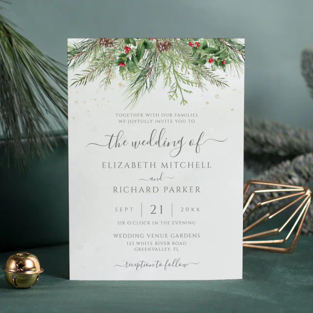 Rustic Winter Berries Pine Cone Greenery Wedding Invitation | Zazzle