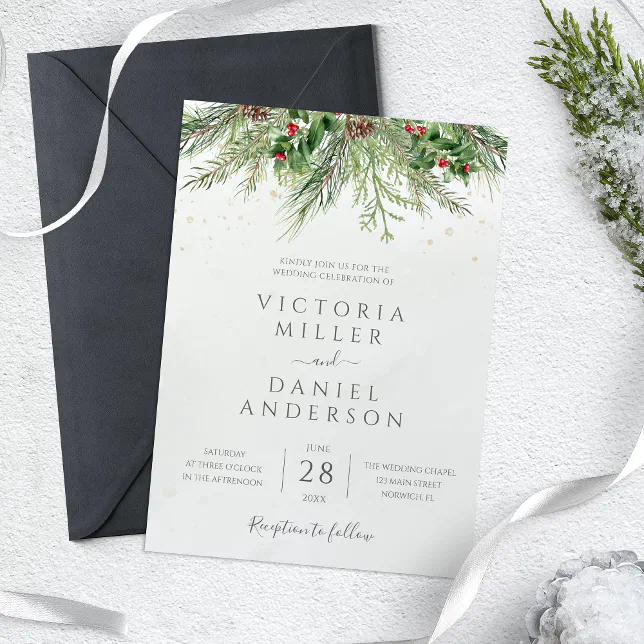 Rustic Winter Berries Pine Cone Greenery Wedding Invitation | Zazzle