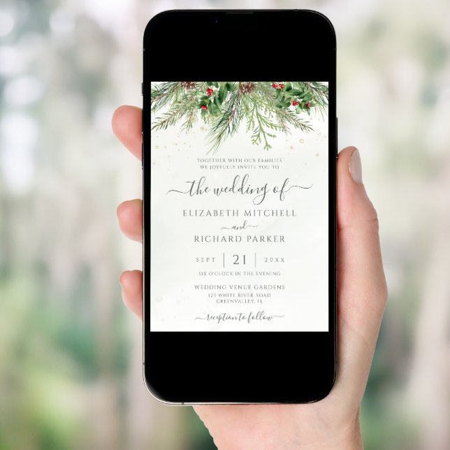 Rustic Winter Berries Pine Cone Greenery Wedding Invitation (Front Digital)