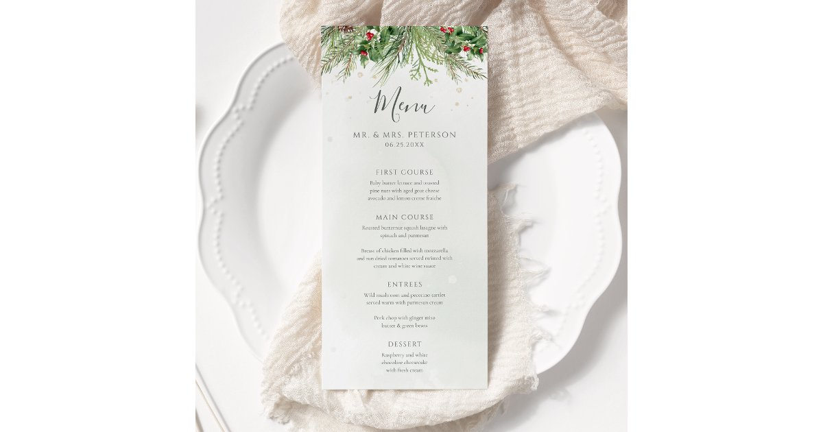 Rustic Winter Berries Pine Cone Greenery Wedding Menu | Zazzle