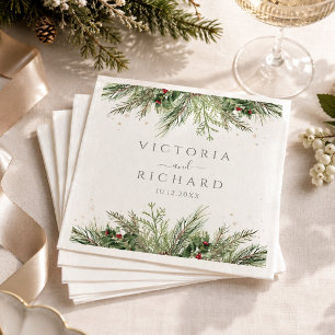 Rustic Winter Berries Pine Cone Greenery Wedding Napkins