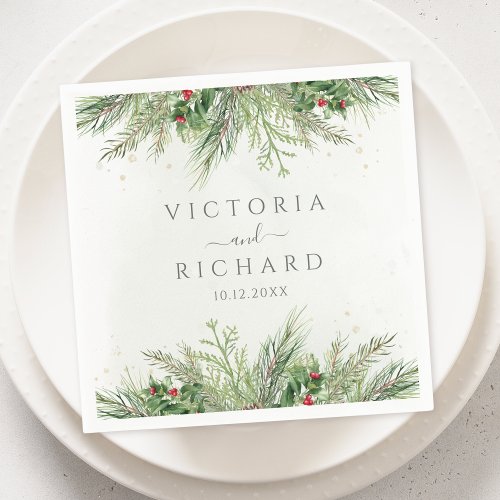 Rustic Winter Berries Pine Cone Greenery Wedding Napkins