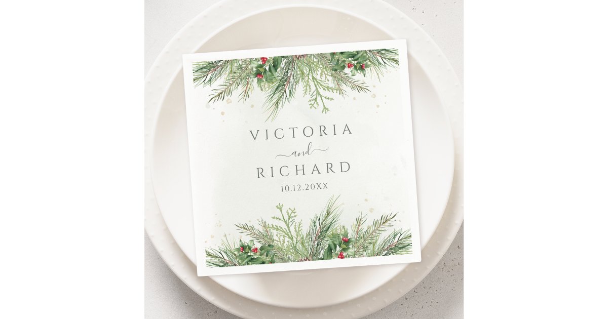Rustic Winter Berries Pine Cone Greenery Wedding Napkins | Zazzle