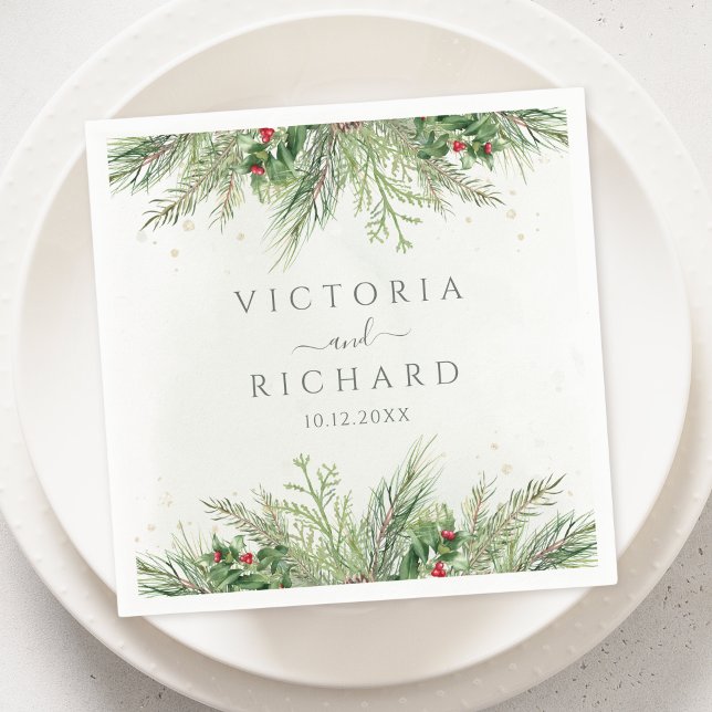 Rustic Winter Berries Pine Cone Greenery Wedding Napkins (Creator Uploaded)