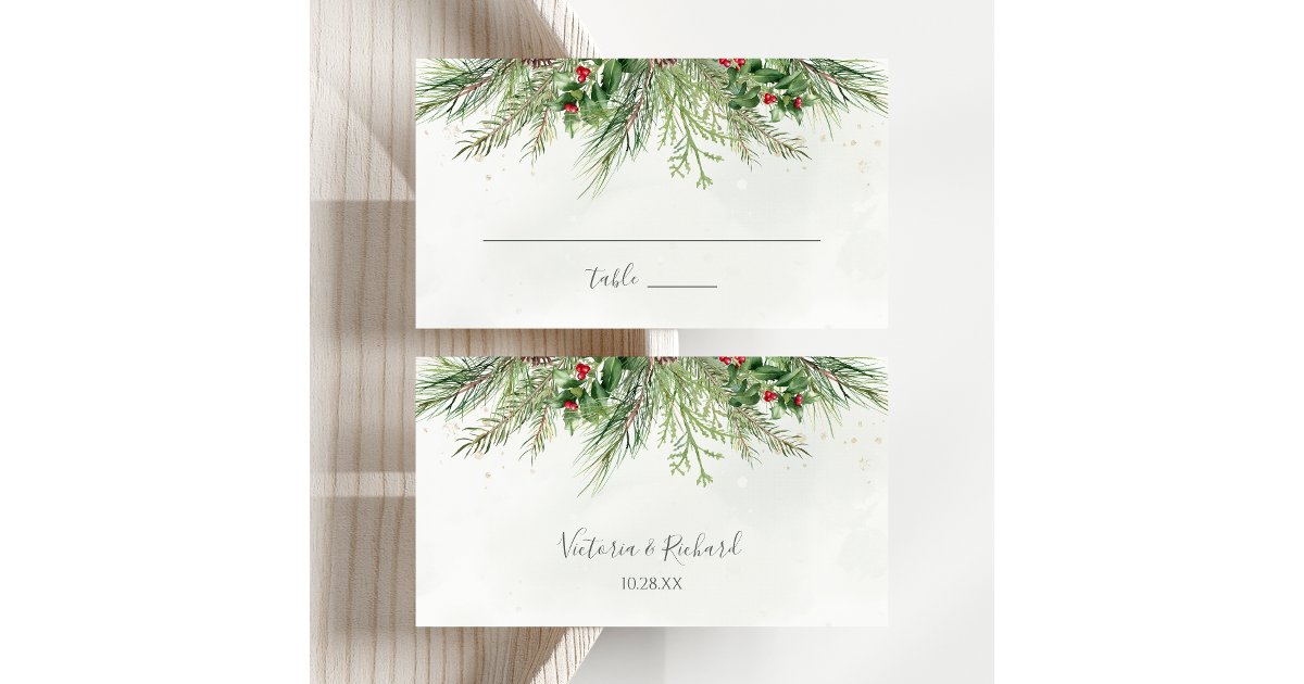 Rustic Winter Berries Pine Cone Greenery Wedding Place Card | Zazzle