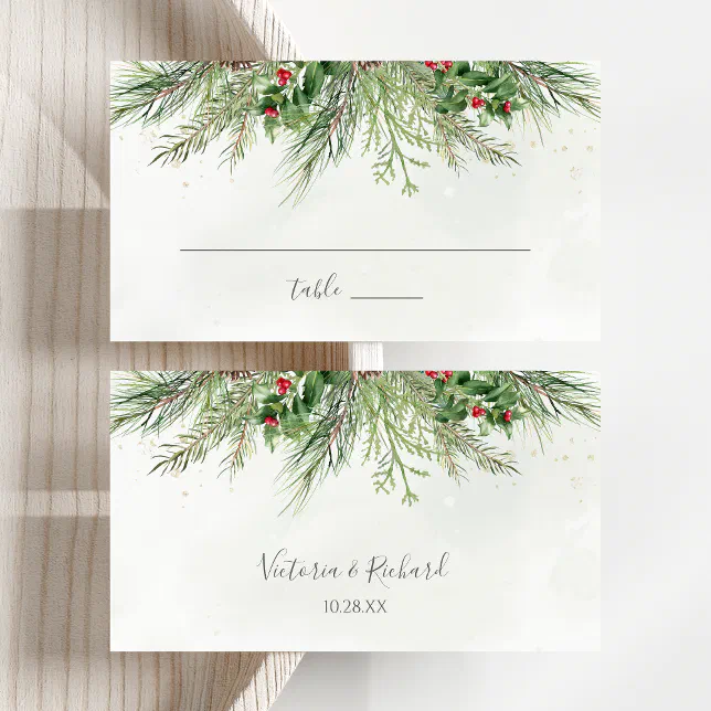 Rustic Winter Berries Pine Cone Greenery Wedding Place Card | Zazzle