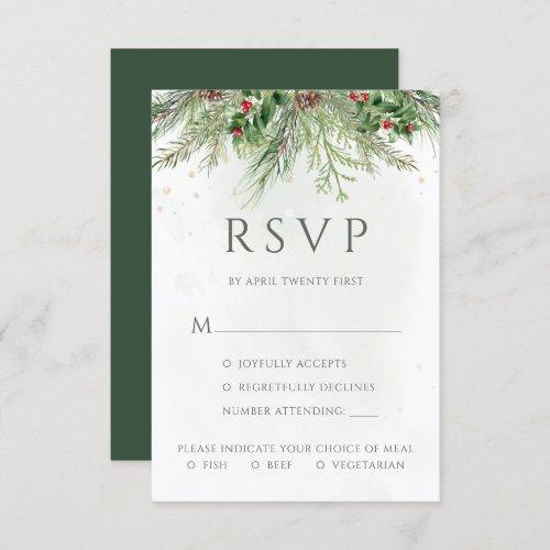 Rustic Winter Berries Pine Cone Greenery Wedding RSVP Card
