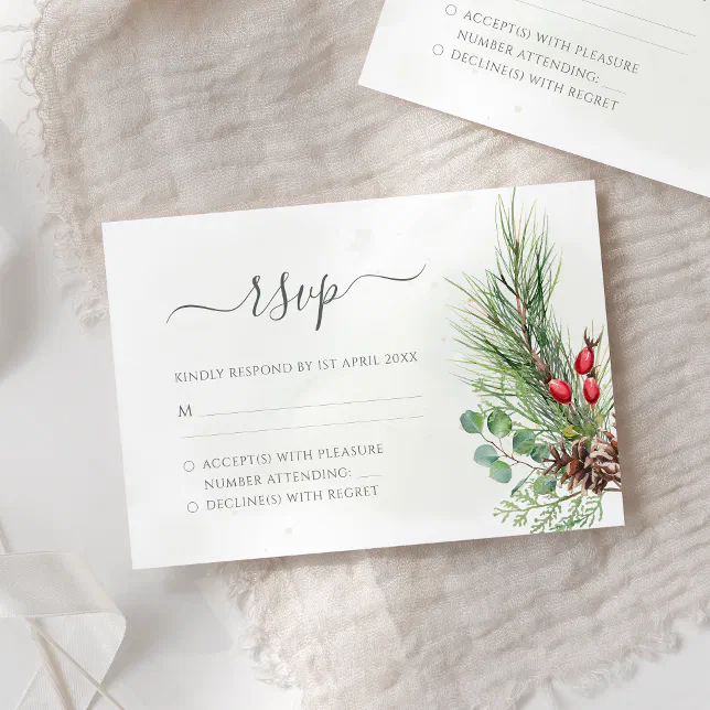 Rustic Winter Berries Pine Cone Greenery Wedding RSVP Card | Zazzle