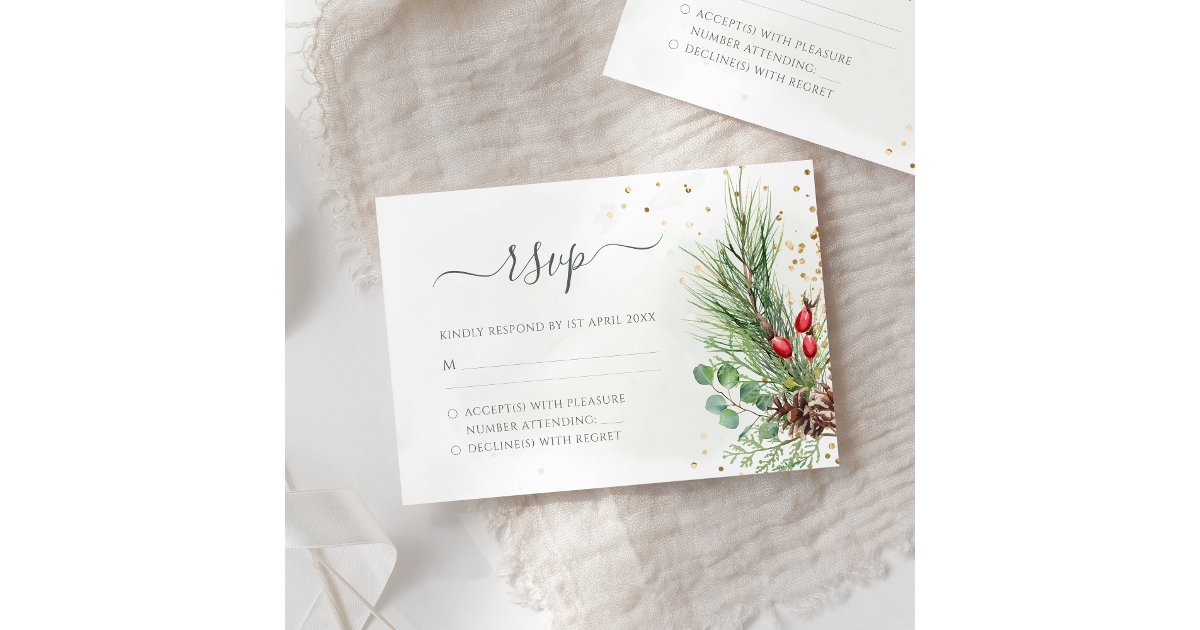 Rustic Winter Berries Pine Cone Greenery Wedding RSVP Card | Zazzle