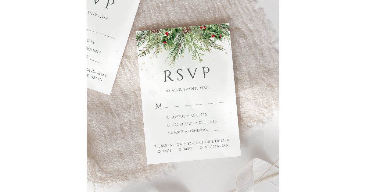 Rustic Winter Berries Pine Cone Greenery Wedding RSVP Card | Zazzle