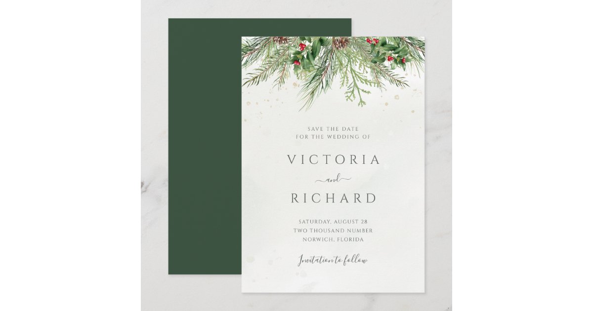 Rustic Winter Berries Pine Cone Greenery Wedding Save The Date | Zazzle