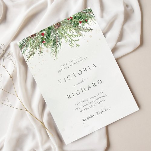 Rustic Winter Berries Pine Cone Greenery Wedding Save The Date