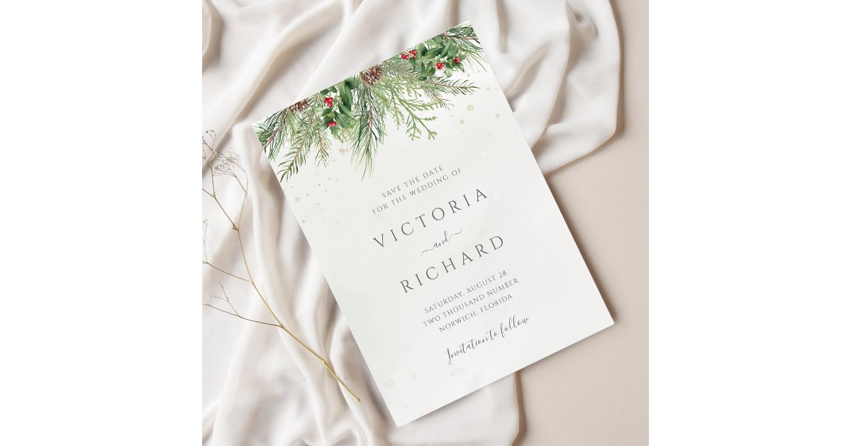 Rustic Winter Berries Pine Cone Greenery Wedding Save The Date | Zazzle