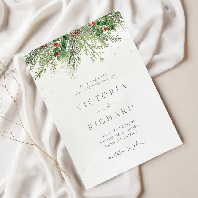 Rustic Winter Berries Pine Cone Greenery Wedding Save The Date | Zazzle