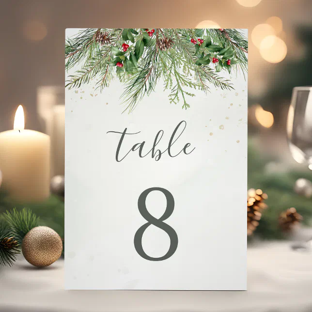 Rustic Winter Berries Pine Cone Greenery Wedding Table Number | Zazzle