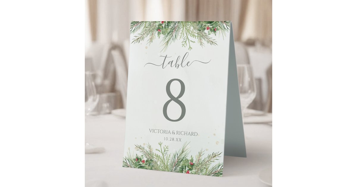 Rustic Winter Berries Pine Cone Greenery Wedding Table Tent | Zazzle