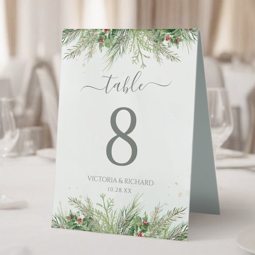 Rustic Winter Berries Pine Cone Greenery Wedding Table Tent Sign