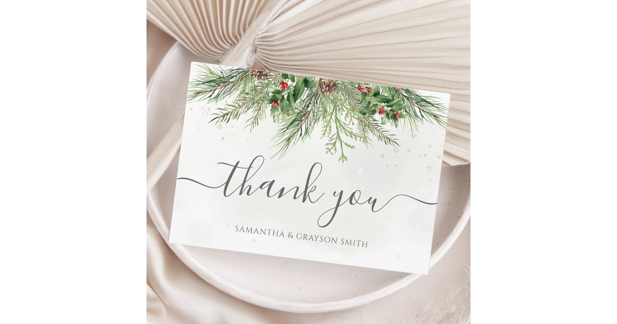 Rustic Winter Berries Pine Cone Greenery Wedding Thank You Card | Zazzle