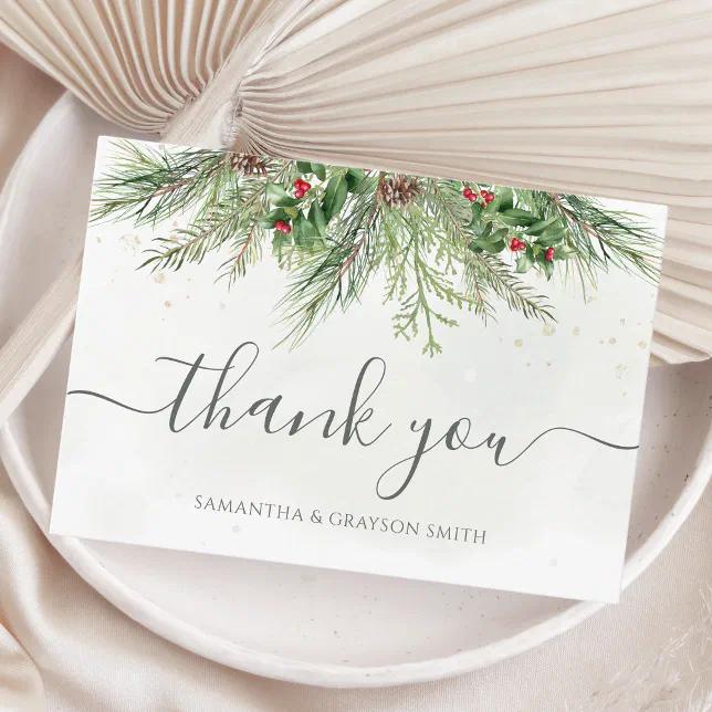 Rustic Winter Berries Pine Cone Greenery Wedding Thank You Card | Zazzle