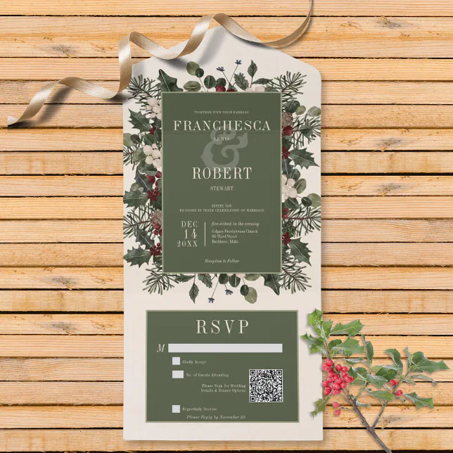 Rustic Winter Berries & Pine Cream QR Code All In One Invitation | Zazzle